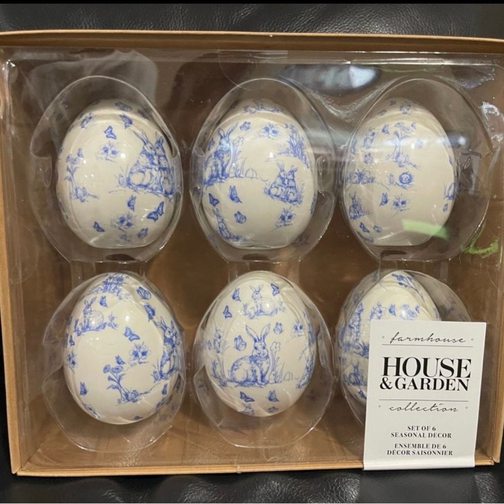 Farmhouse House and Garden Collection White and Blue Easter Eggs, Set of 6